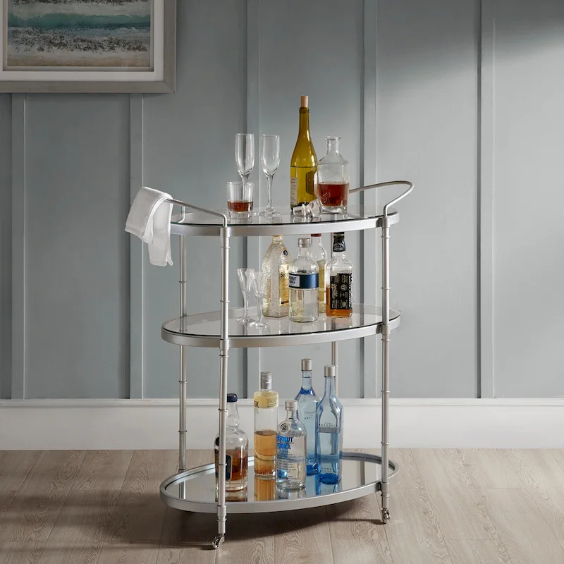 Silver / Antique Gold 3-Shelf Bar Cart with Glass & Mirror Shelves