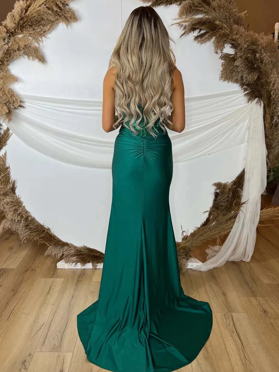 Green V Neck Beading Satin Long Slit Prom Dresses