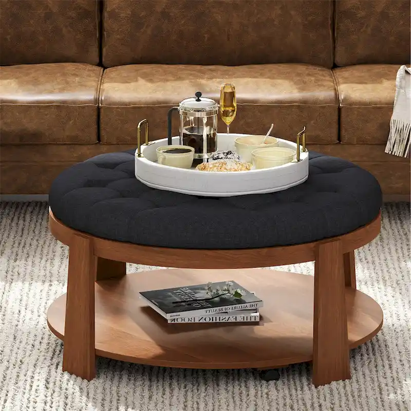 36  Round Button Tufted Upholstered Coffee Table with Wood Shelf and Wheel