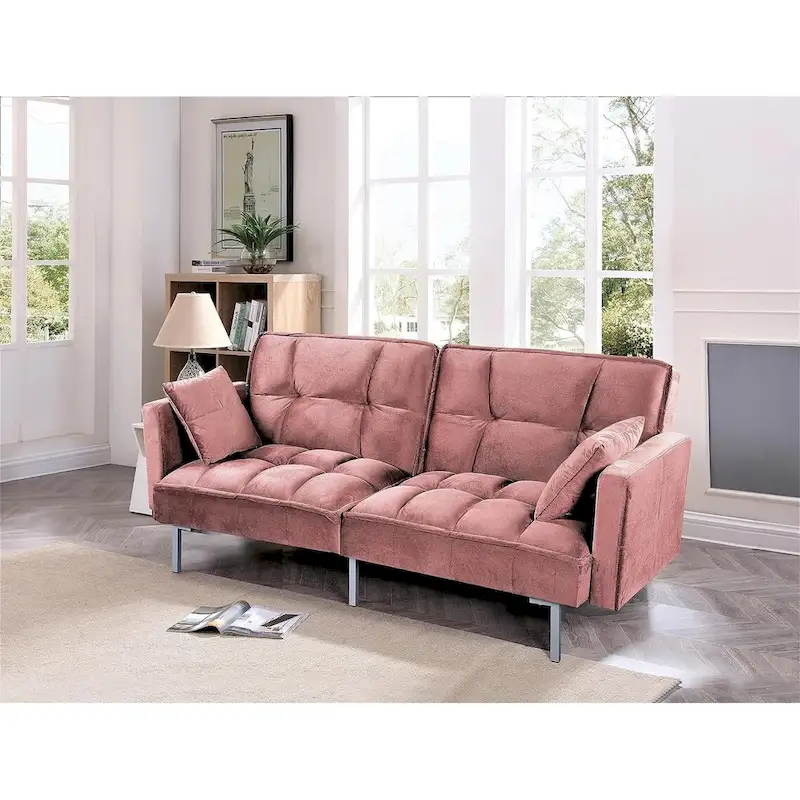 Regal Convertible Sleeper Sofa Bed Velvet Pull Out Couch with Mid-Century Style Tufted Design and Metal Legs