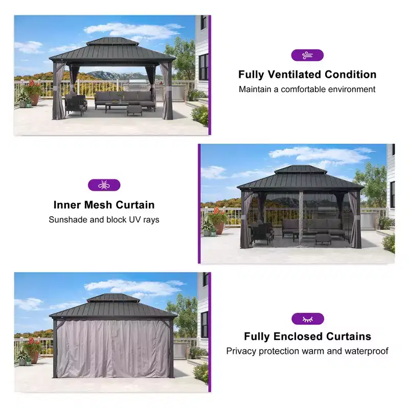 PURPLE LEAF 12' x 14' Permanent Hardtop Gazebo Aluminum Frame Gazebo with Galvanized Steel Double Roof, Netting & Curtains included - Grey