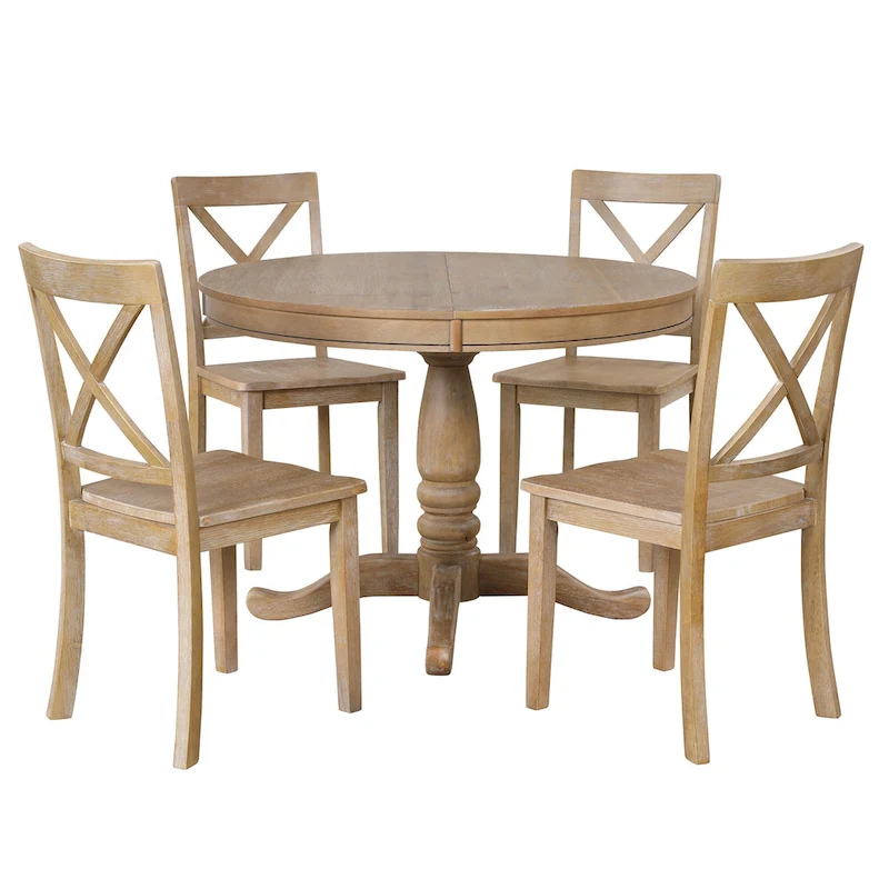 Natural Wood Wash 5-Piece Wooden Dining Table Set with Expandable Round Table & 4 Chairs