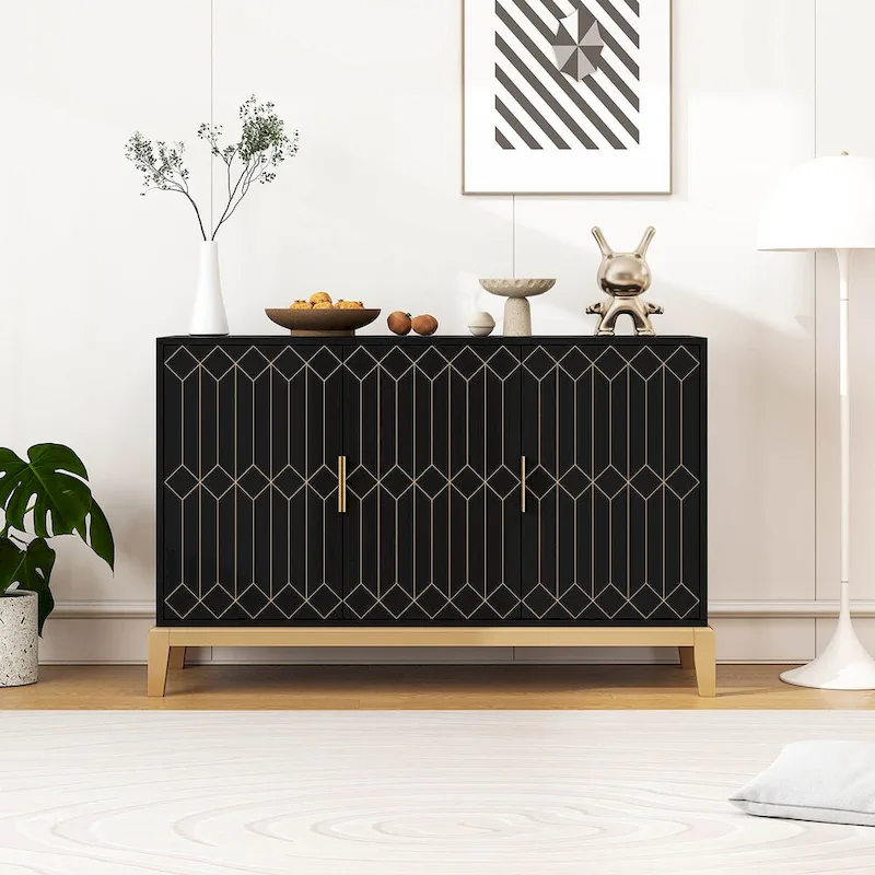 Antique Black 3-Door Sideboard Buffet Cabinet with Adjustable Shelf & Gold Handles