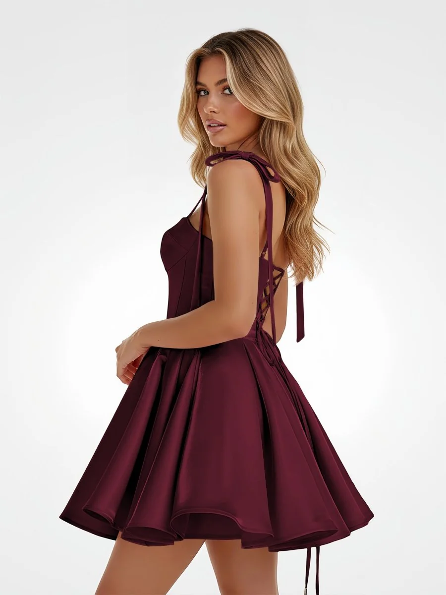 Burgundy – Spaghetti Straps Satin Pleated A-Line Homecoming Dress With Bow