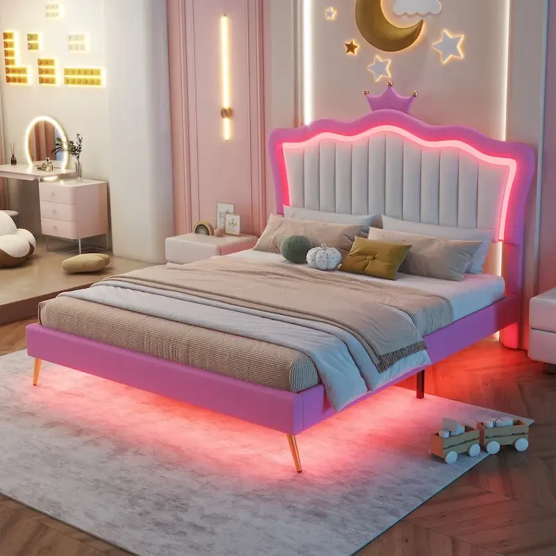 Full Size Upholstered Bed Frame with LED Lights and Crown Headboard, Pink+White