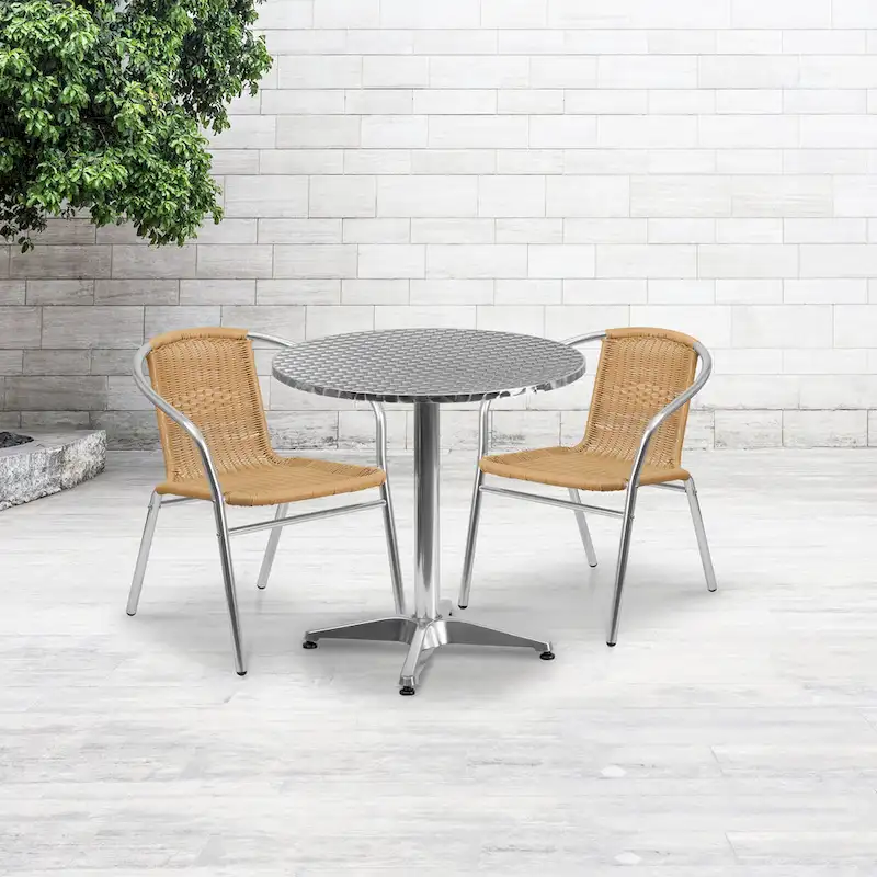 27.5  Round Aluminum Indoor-Outdoor Table Set with 2 Rattan Chairs - 27.5 W x 27.5 D x 27.5 H - 27.5 W x 27.5 D x 27.5 H
