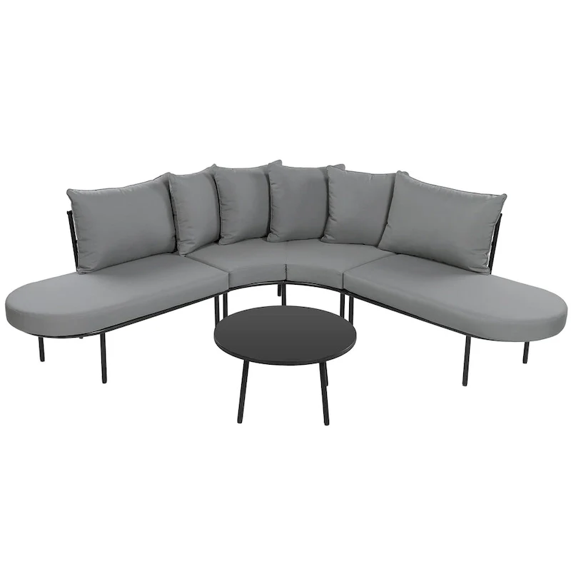 Iron Curved Sectional Sofa Set with Table and Cushions