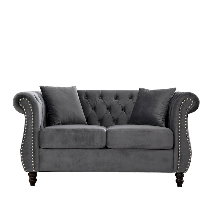 Velvet Chesterfield Loveseat Sofa, Rolled Arms, Nailhead Trim