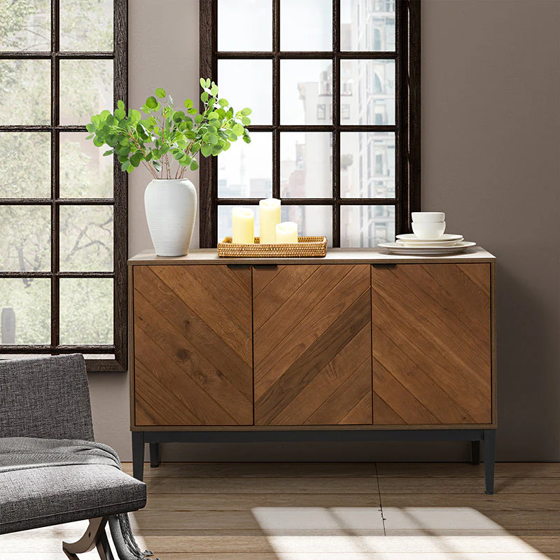 3-Door Sideboard with Herringbone Pattern, 2 Adjustable Interior Shelves & Black Metal Legs | Black / Walnut | Single