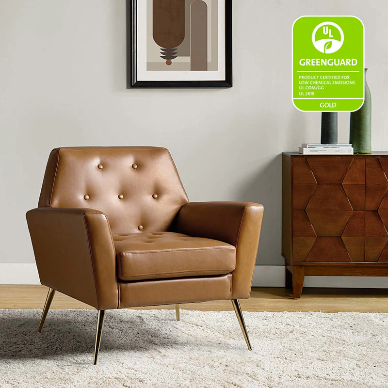 PU Leather Button-Tufted Accent Armchair with Gold Metal Legs & Removable Cushions | Camel / Navy / Black / Turquoise / Sage / Grey | Single Seat
