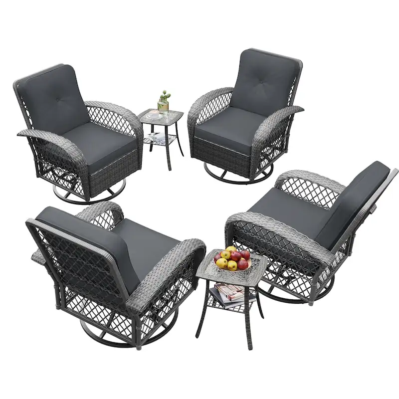 UPHA 6-Piece Patio Outdoor Wicker Swivel Rocking Chair Set with Side Table and Cushions