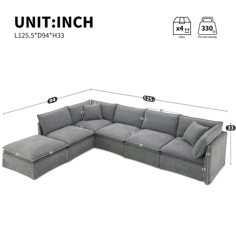 L Shaped Modular Sectional Chenille Sofa with Movable Ottoman