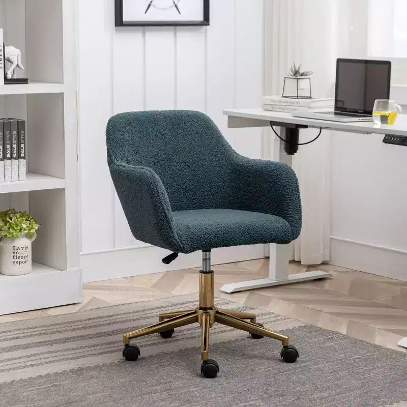 Okak Teddy Office Chair with Golden Metal Base, Swivel Chair with Adjustable Height and Universal Wheel, Desk Chair for Office, Study