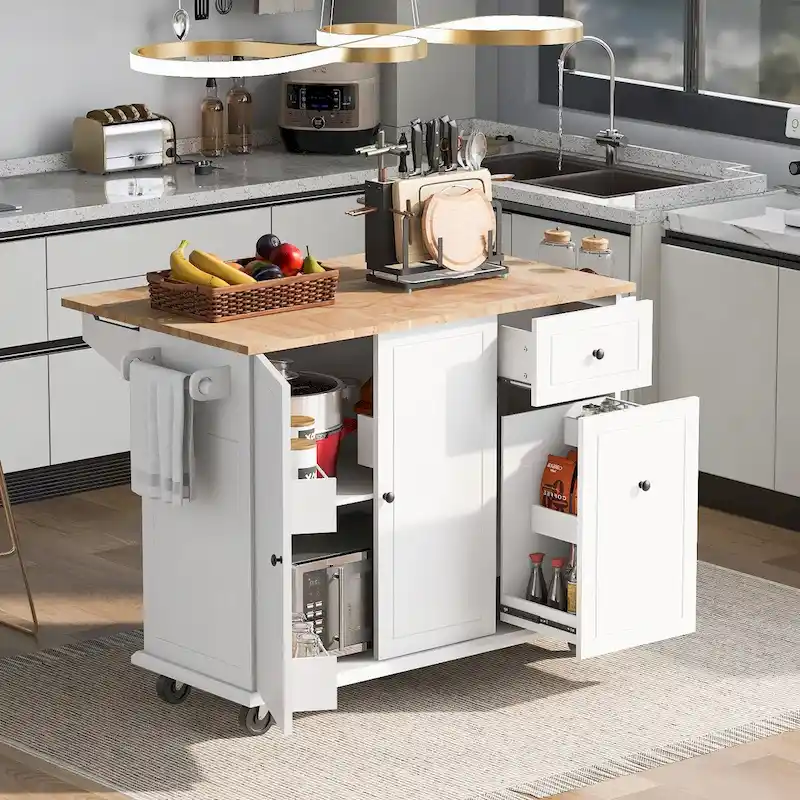 White / Black / Grey+Blue Drop-Leaf Rolling Kitchen Island Cart with 3-Tier Pull-Out Organizer, for 1–2 People
