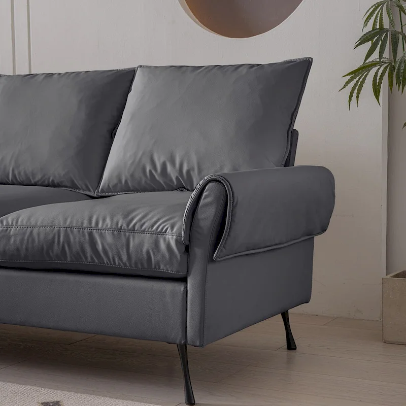 Modern 104.5 L-Shaped Sofa with Technical Leather Upholstery and Convertible Ottoman, Dark Gray