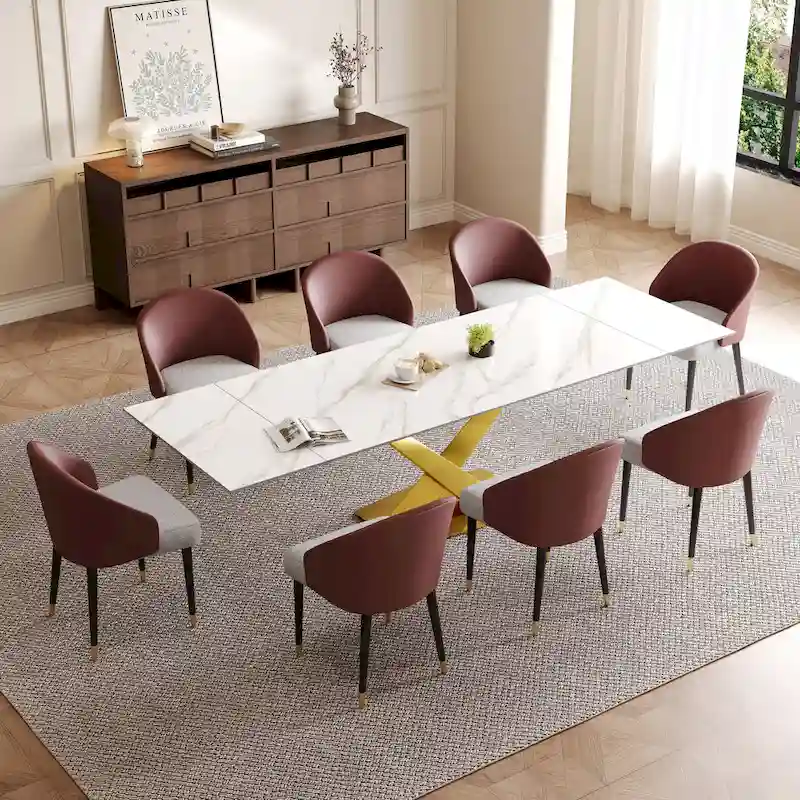 9 - Piece 94.48  Rectangular Extendable Sintered Stone Dining Table with 8 Faux leather Chairs Dining Set