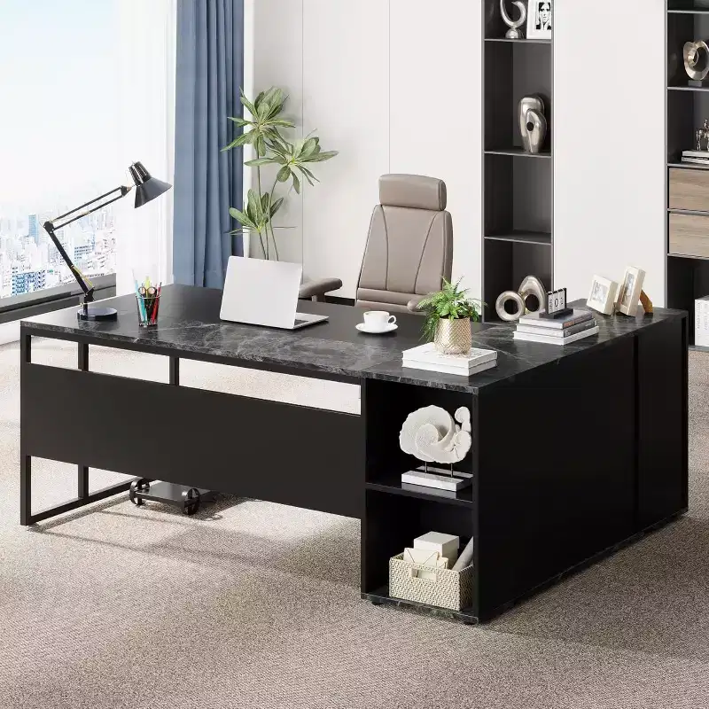 Lantine 71 inch Executive Desk, L Shaped Desk with Cabinet Storage, Executive Office Desk with Shelves for Home Office