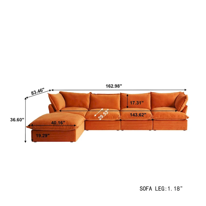 Cloud Sectional Sofa, 5-Seater Down Feather Modular Sofa L-shaped Velvet Wide Deep Seat Convertible Couch.