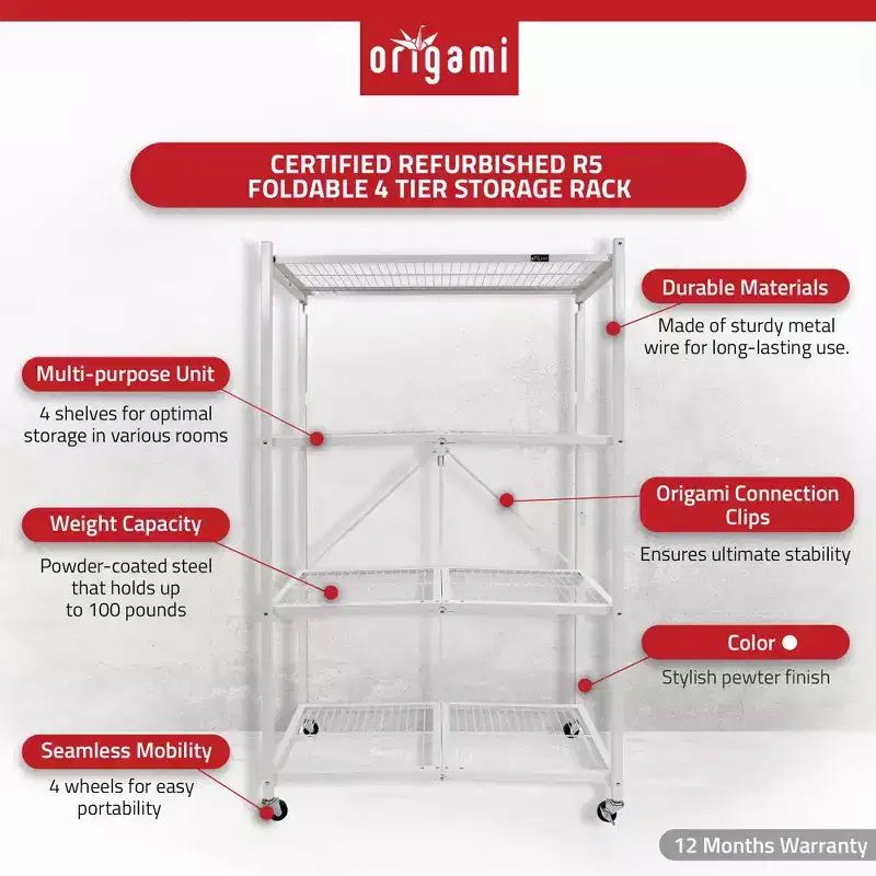 Origami R5 4 Tier Foldable Metal Storage Rack with Wheels, 1,000 Pound Capacity for Kitchen, Garage, or Garden Storage, White, Certified Refurbished
