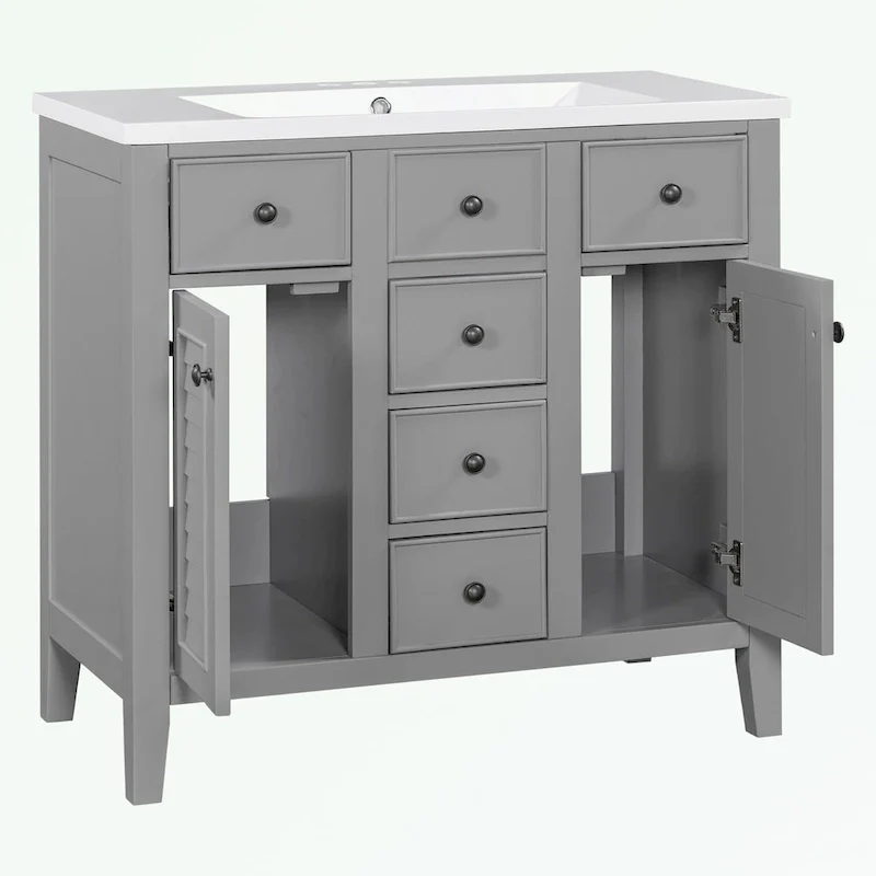 Bathroom Vanity with Ceramic Basin, Two Cabinets and Five Drawers