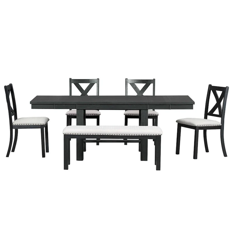 82inch 6-Piece Extendable Dining Table with Footrest, 4 Upholstered Dining Chairs and Dining Bench, Two 11Removable Leaf
