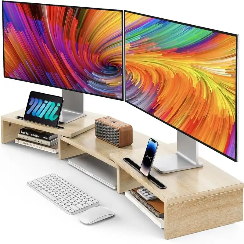 Dual Monitor Stand Riser – Light Wood / Black, 2-Screen