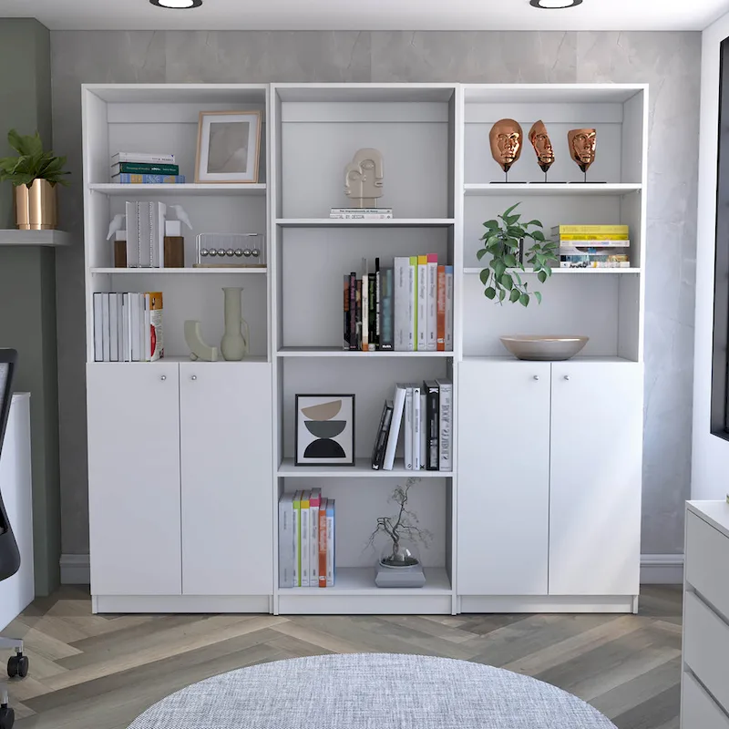 3pc Bookcase set 74 Wide 4-Shelf Double Cabinet