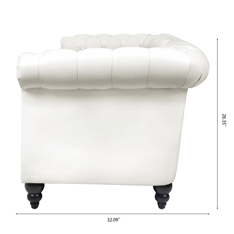 PU Leather 3-Seater Sofa with Button-Tufted Back & Rolled Arms – White, Chesterfield Style, Seats 3