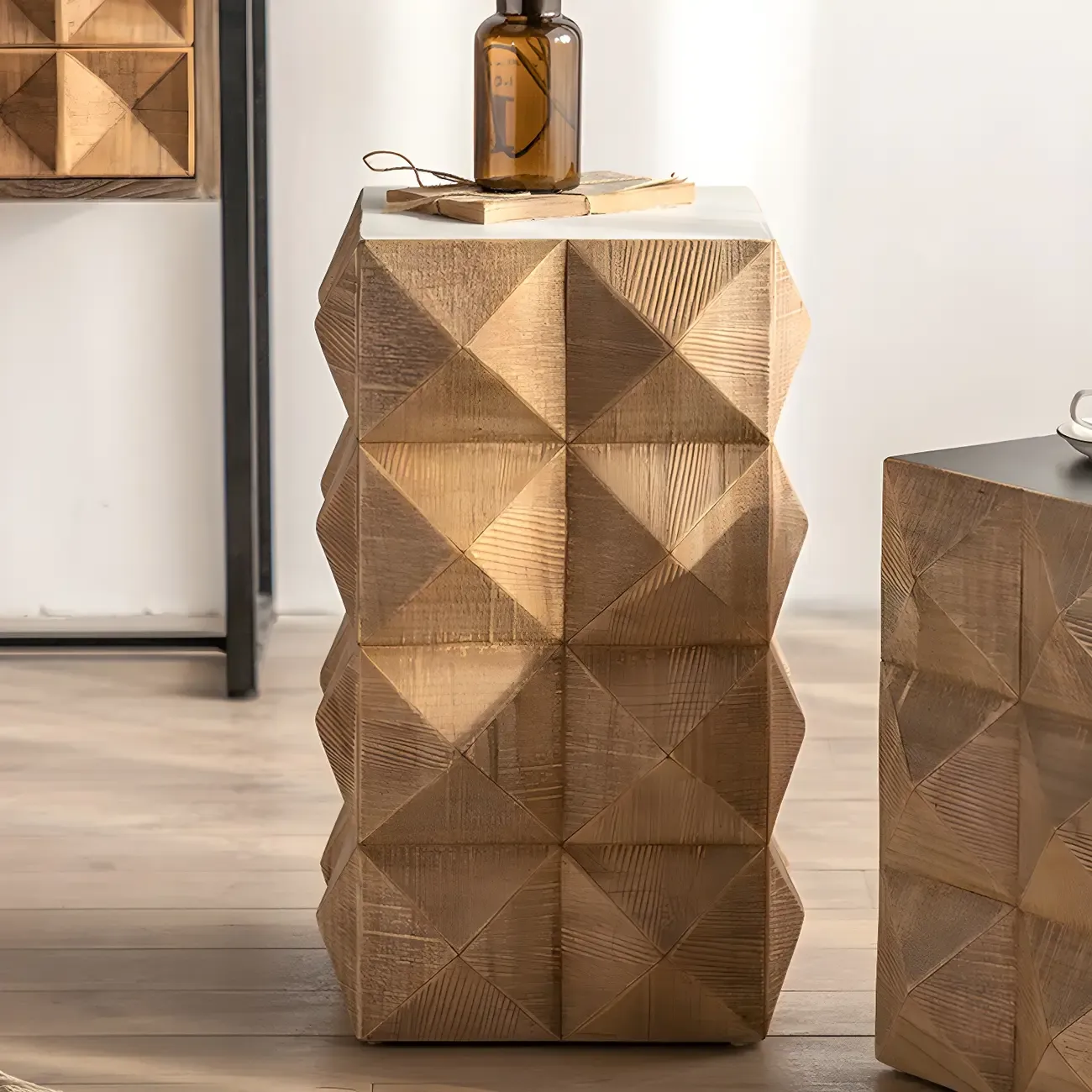 Elegant Geometric Wooden Block Accent Side Table