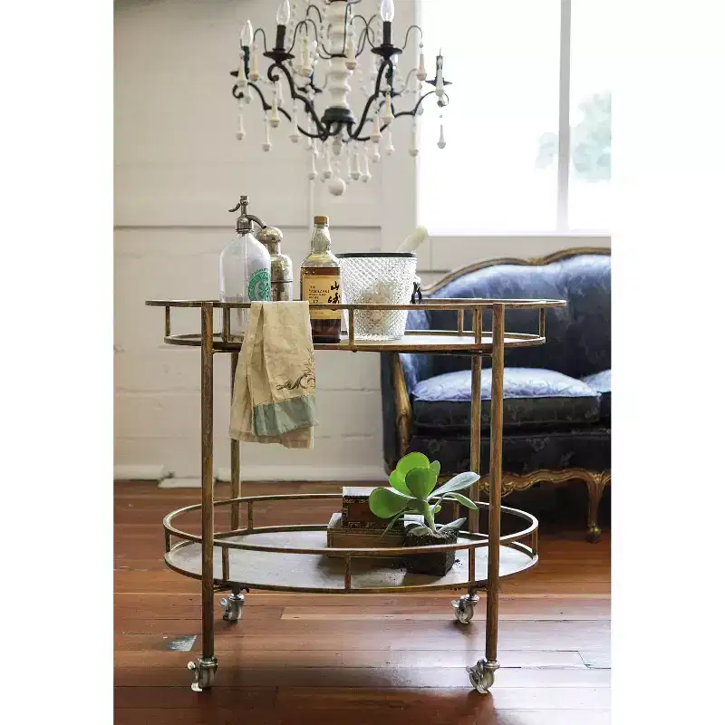 Oval 2-Tier Bar Cart on Casters Gold (34-1/2"Lx30"H) - Storied Home: Rolling Beverage & Tea Serving Trolley