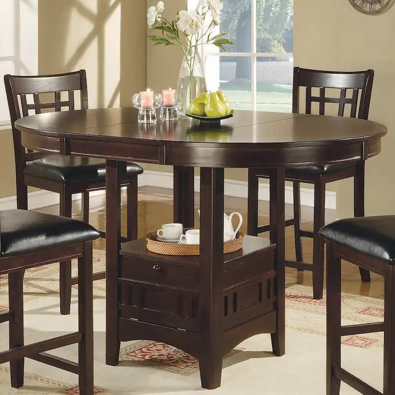 Espresso Round-to-Oval Counter-Height Dining Table with Storage Pedestal, Seats 4–6