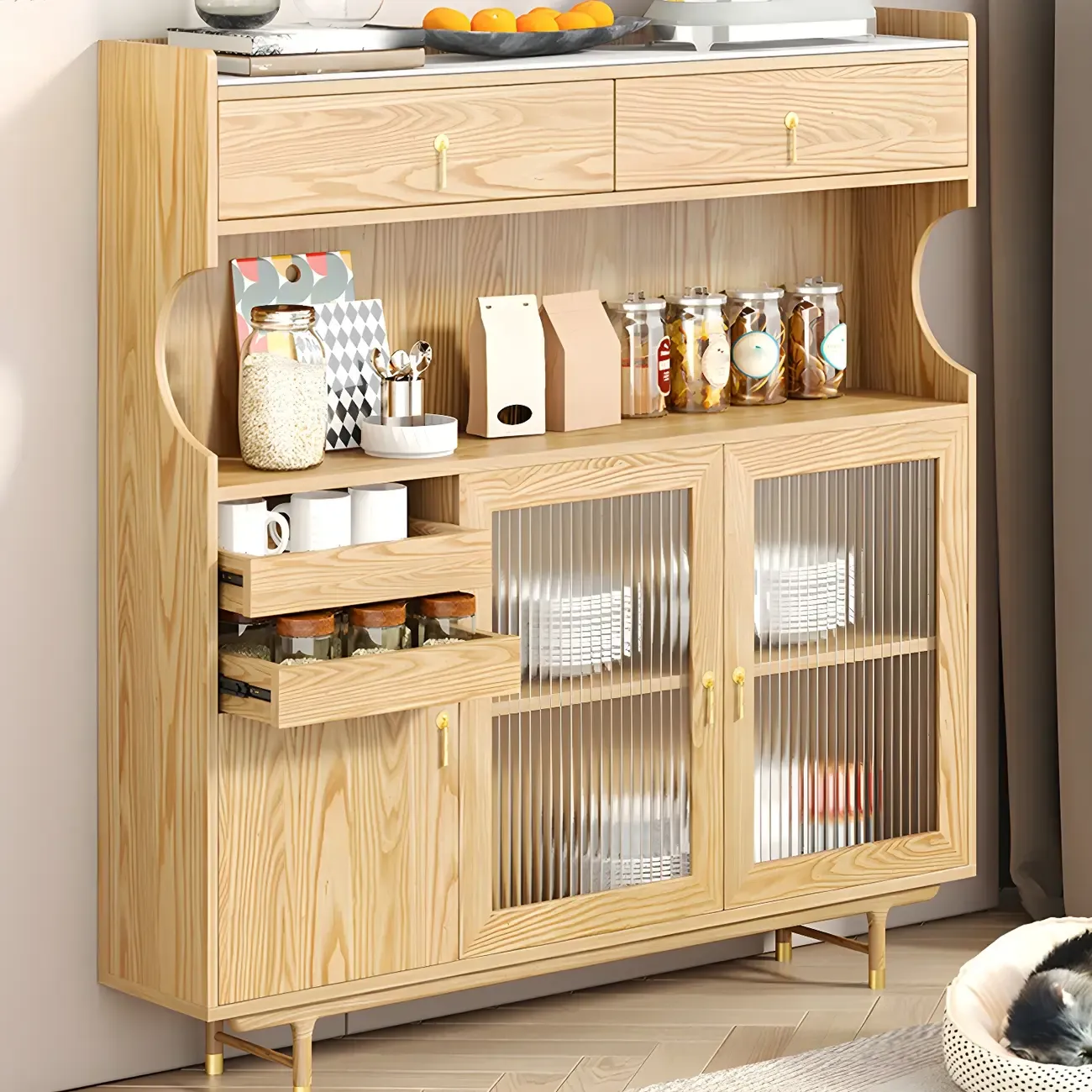 Standard Natural Wood Storage Dining Hutch Cabinet