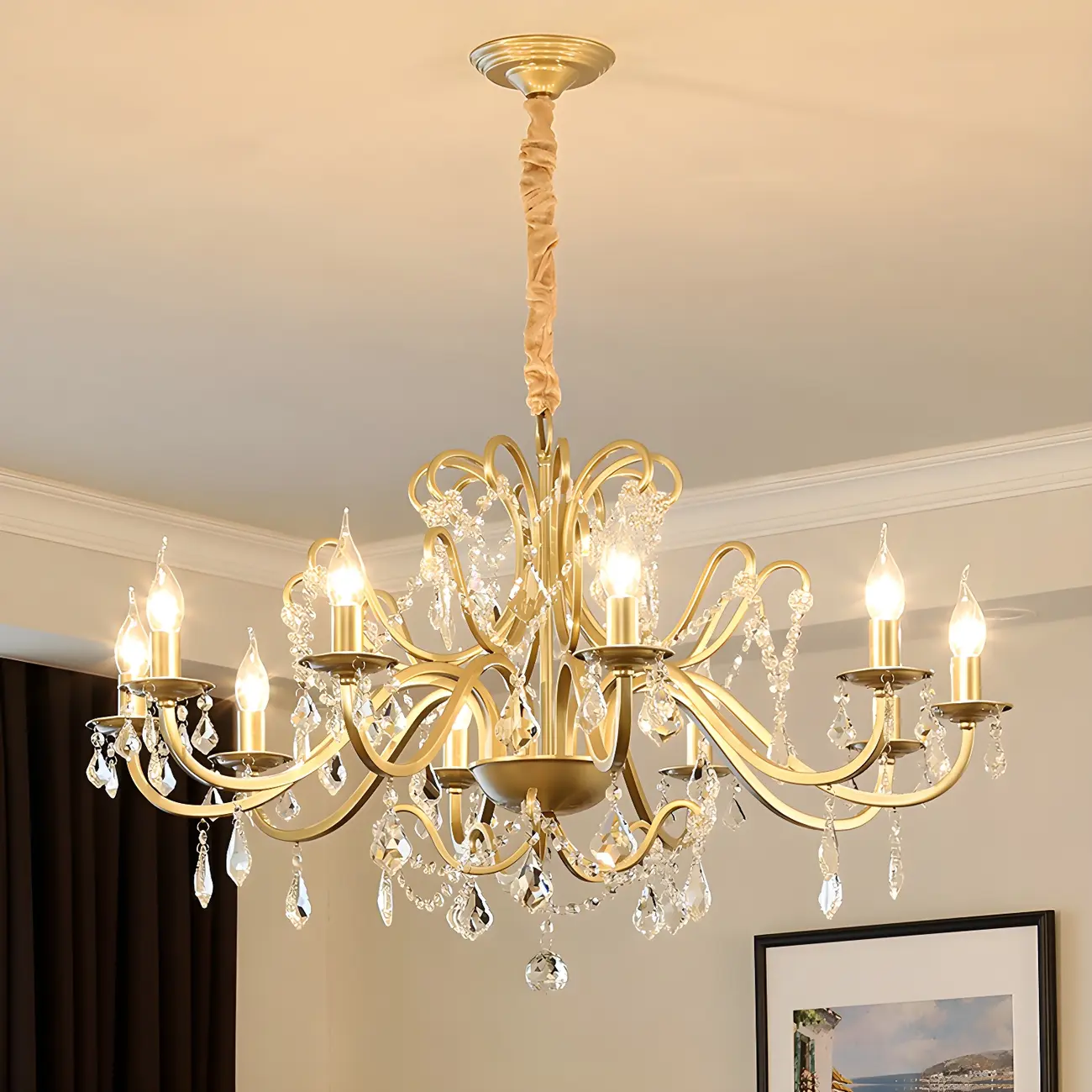 French Curved Arms Gold Crystal Candelabra Chandeliers