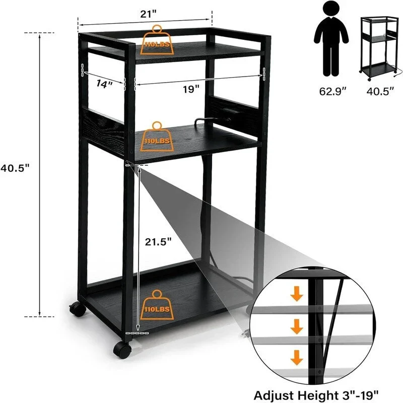 3-Tier Movable Printer Stand - 19Dx 14Wx 40H