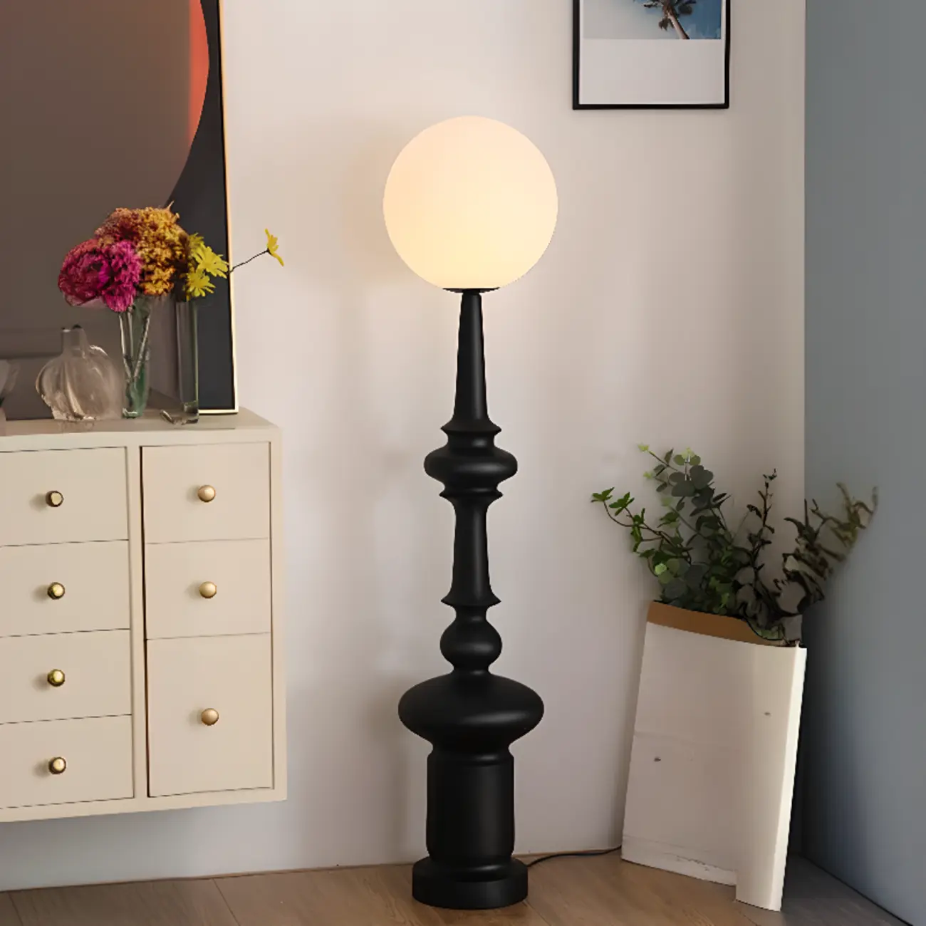Modern Vertical Black LED Globe Floor Lamp for Living Room