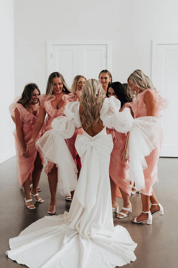 Fairy Mermaid Satin Long Wedding Dresses with Long Sleeves