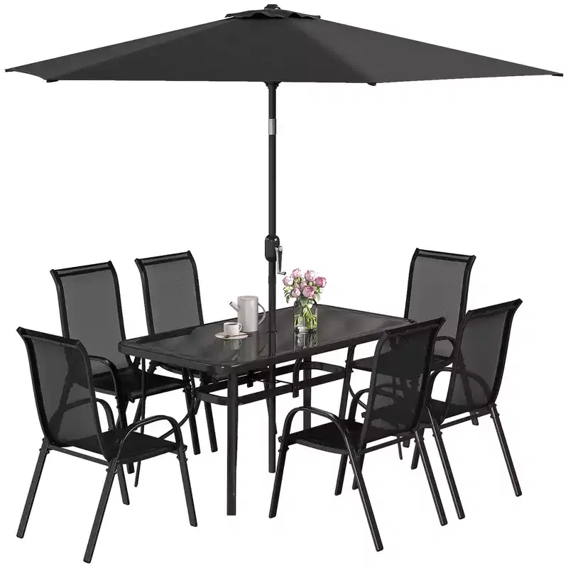 Outsunny 8 Piece Patio Furniture Set with Umbrella, Outdoor Dining Table and Chairs, 6 Chairs, Push Button Tilt and Crank Parasol, Glass Top