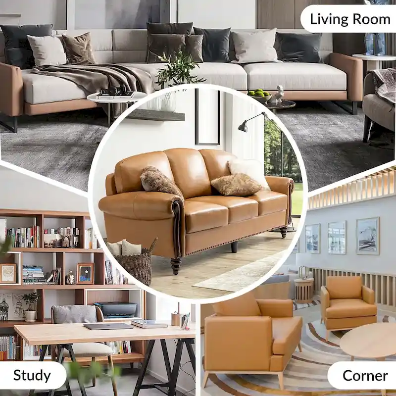 84 Traditional Genuine Leather Sofa with Carved Wood Legs