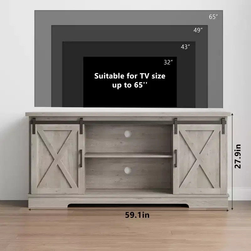 Farmhouse TV Stand for 65 Inch, Entertainment Center with Sliding Barn Door, TV Console Cabinet Furniture for Living Room-Grey