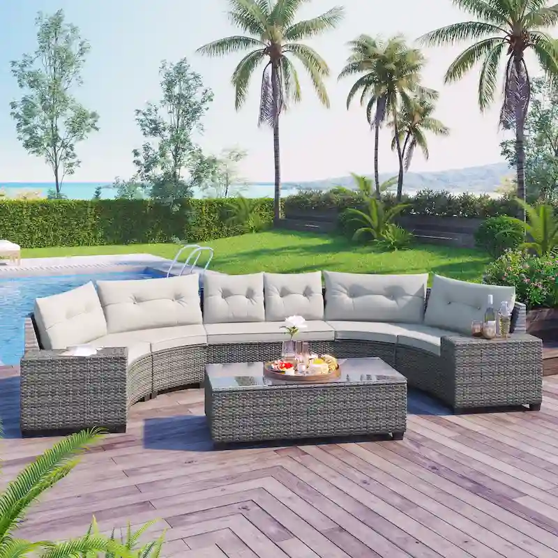 8-Piece Half-Moon Sectional Sofa Set with Rectangular Table