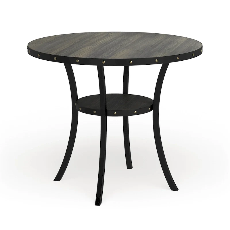Brown Round Counter Height Dining Table with Brass Nailhead - Seats 4–6