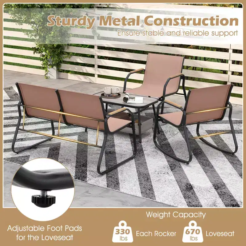 Costway 8 PCS Patio Furniture Set with 4 Rocking Bistro Chairs 2-Tier Coffee Table Black/Coffee