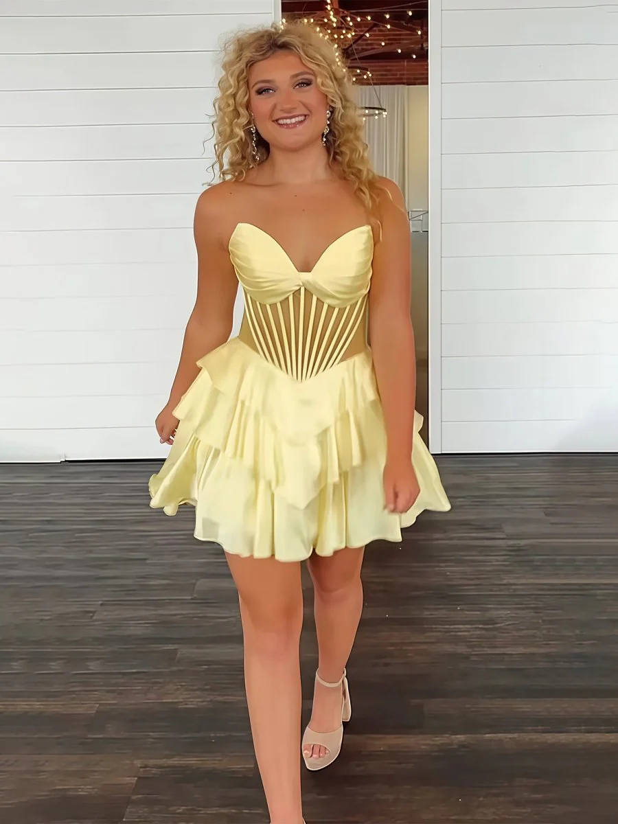 Yellow - A Line Satin Corset Ruffled V Neck Homecoming Dresses