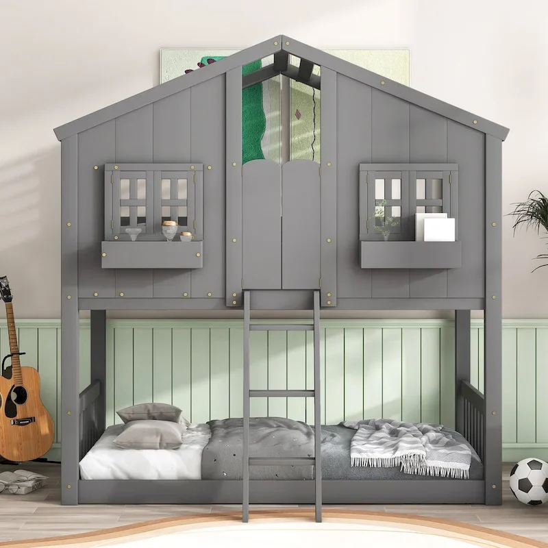 Twin over Twin House Bunk Bed with Roof, Window, Window Box, Door, Safety Guardrails and Ladder – Grey