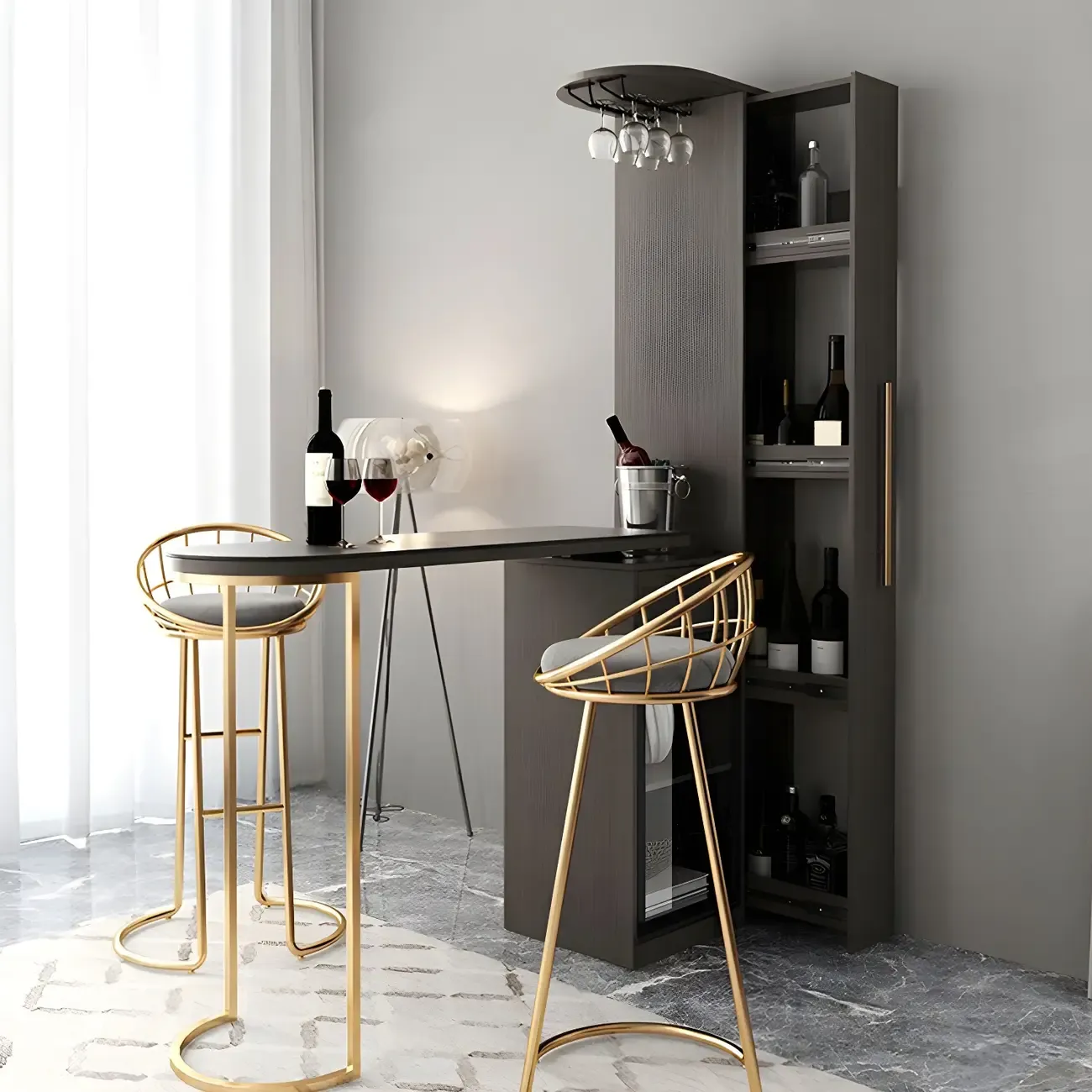 Modern Adjustable Bar Table with Wine Cabinet for Home