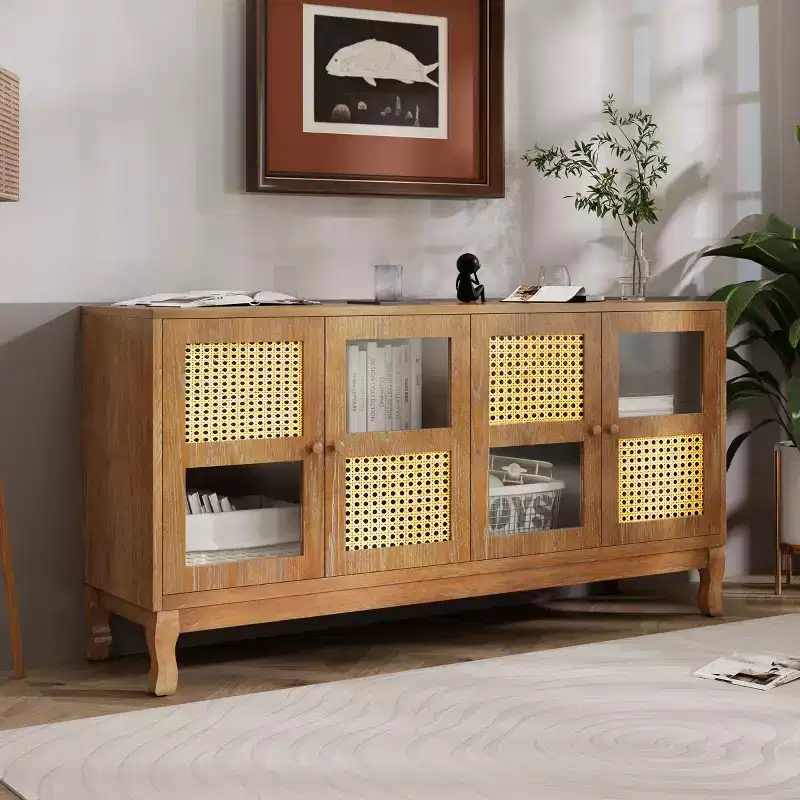 Okak Retro Sideboard Buffet Cabinet with Storage and 4 Rattan Door, Accent Cabinet with Transparent Glass for Kitchen Dining Room Entryway