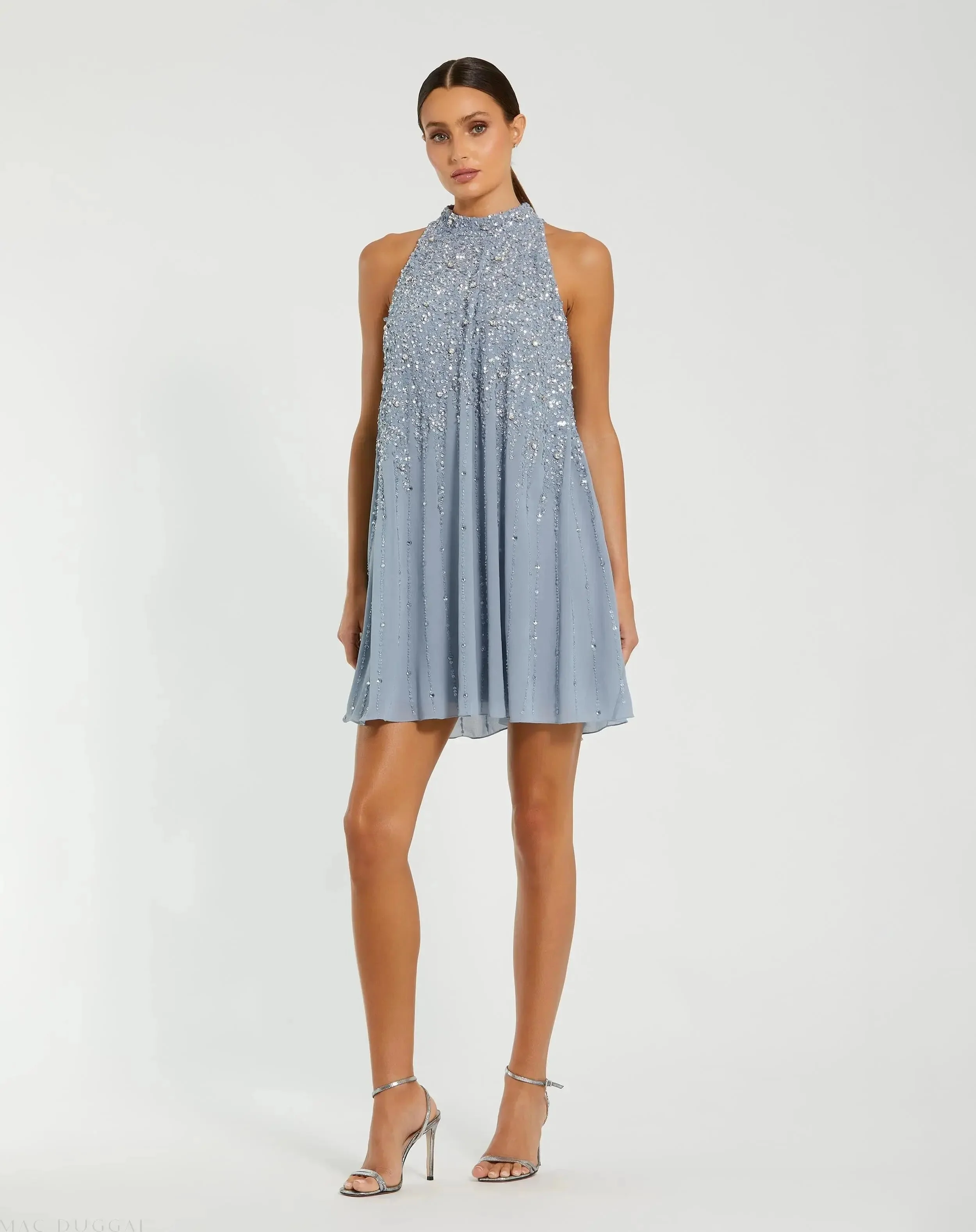 Blue High Neck Sleeveless Sequin Embellished Trapeze Dress