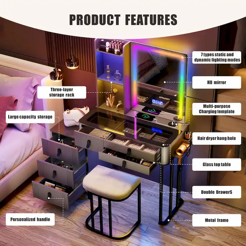 Makeup Vanity with RGB LED Mirror and Chair, Grey/White, Single Person
