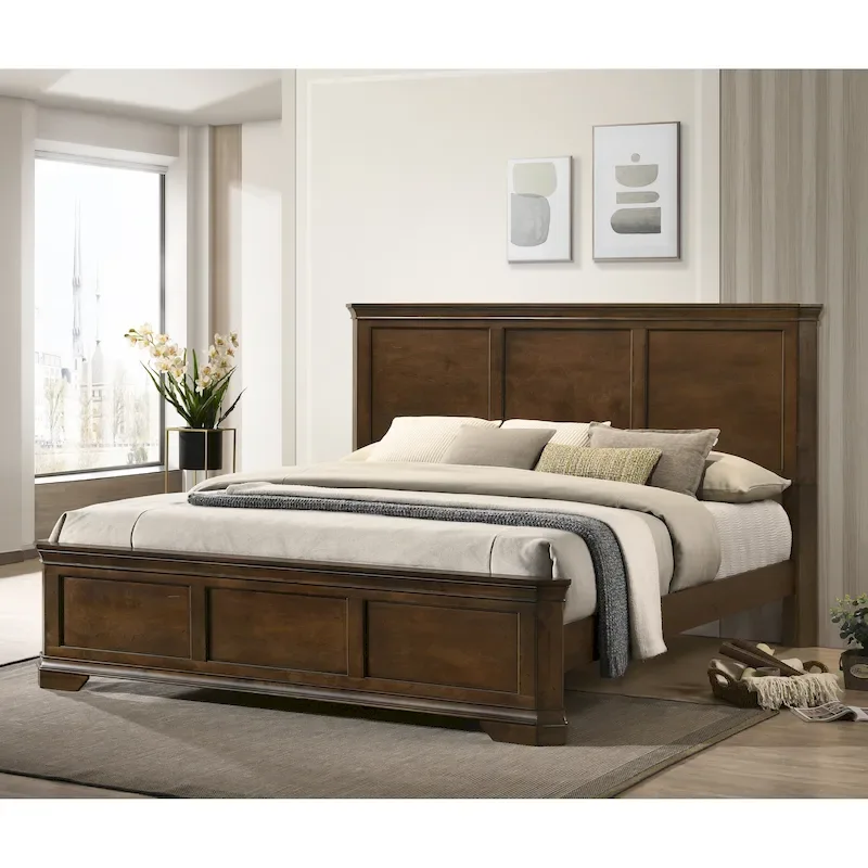 Roundhill Furniture Maderne 3-Piece Wood Bedroom Set, Panel Bed and Two Nightstands, Antique Walnut Finish