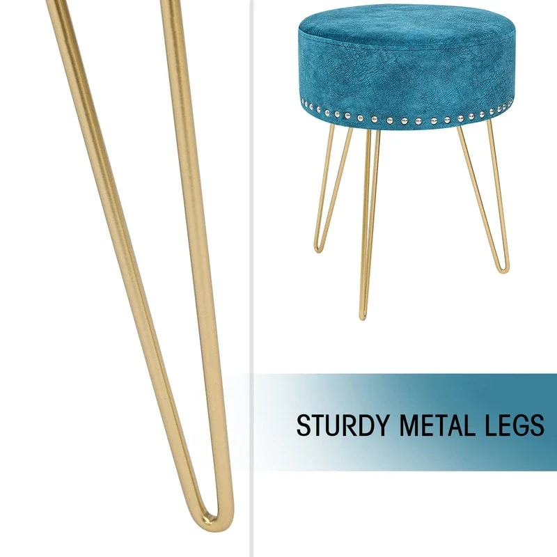 Adeco Round Footstool Ottoman Velvet Dressing Stool Gold Metal Legs